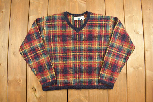 Vintage 1990s Paul Harris Plaid Knitted Sweater / Vintage 90s V-Neck / Pattern Sweater / Outdoor / Hand Knit / Pullover Sweatshirt / Golf