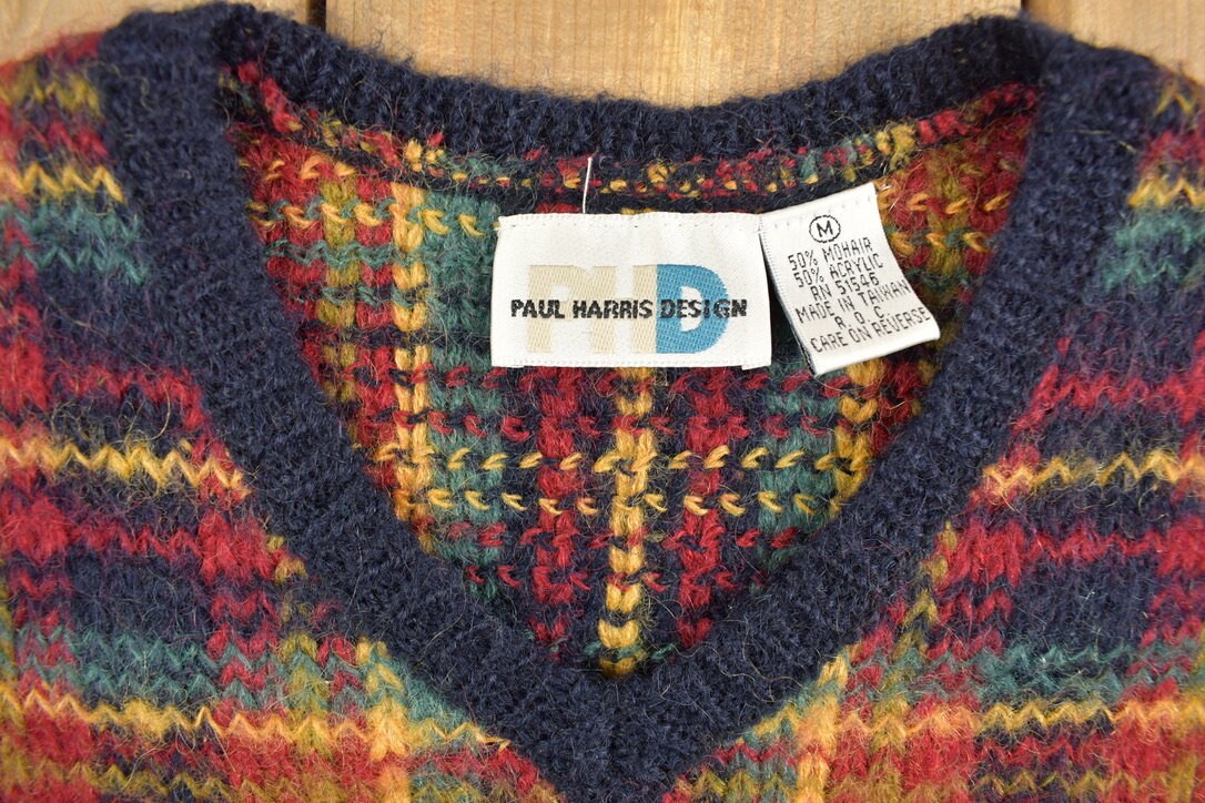 Vintage 1990s Paul Harris Plaid Knitted Sweater / Vintage 90s V-Neck / Pattern Sweater / Outdoor / Hand Knit / Pullover Sweatshirt / Golf