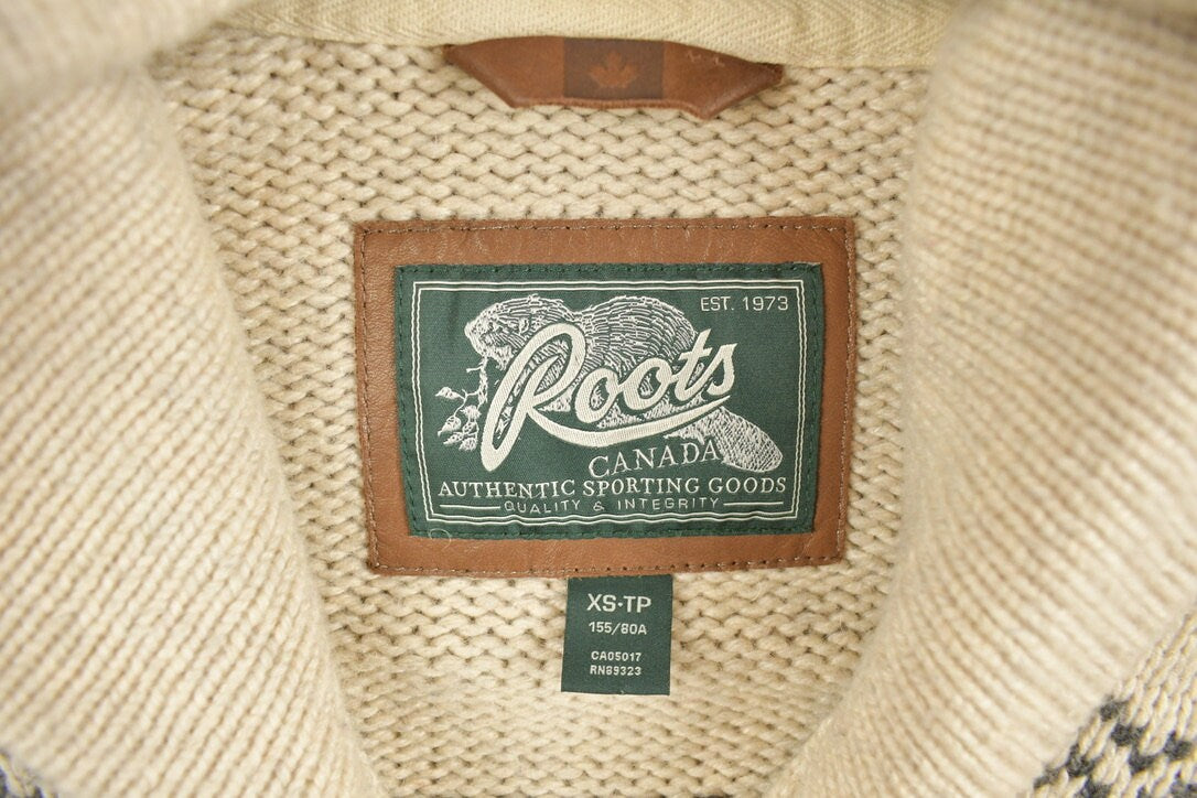 Vintage 1990s Roots Knit Zip Up Hoodie / Zip Up Sweater / Patterned Knit / Formal / Vintage Roots / Winter Wear / Beige Knit