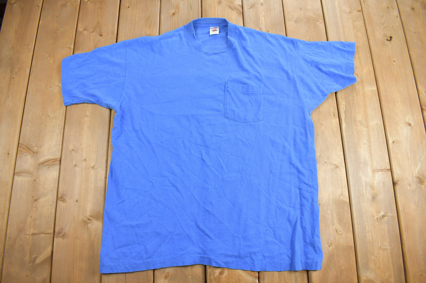 Vintage 1990s Blue Fruit of the Loom Blank Pocket T-Shirt / Streetwear / Retro Style / Single Stitch / Made In USA / 90s Basic Tee