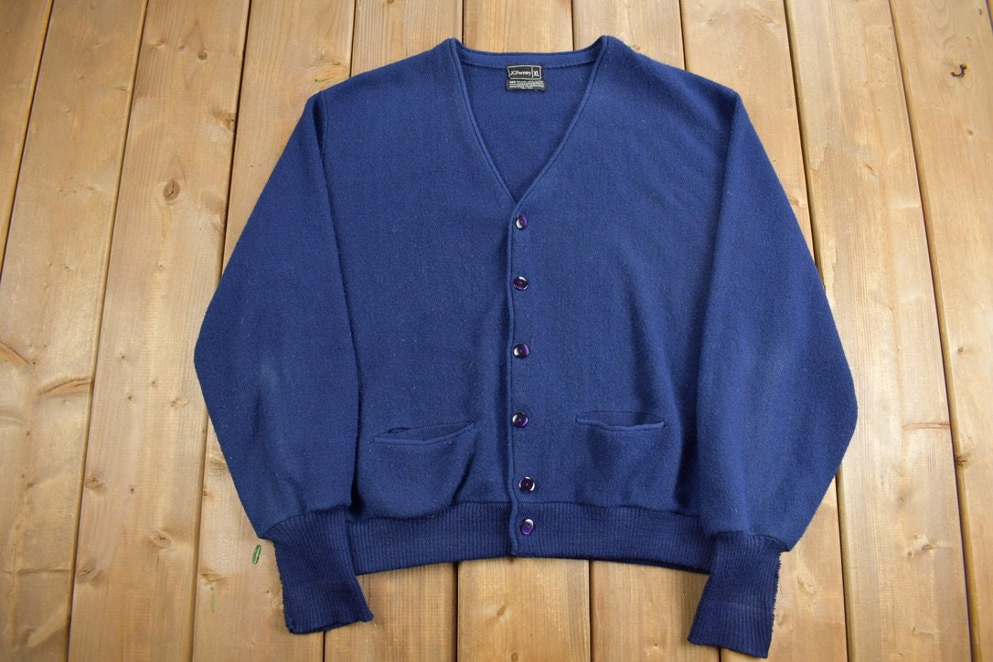 Vintage 1990s Blank JCPenny Knitted Cardigan Sweater / Vintage Cardigan / Button Up / Blue Cardigan / Size Large / Basic Cardigan /