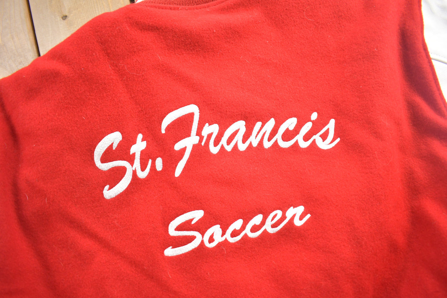 Vintage 1990s St Francis Soccer Leather Varsity Jacket / Made In USA / Red Varsity / Streetwear / Embroidered