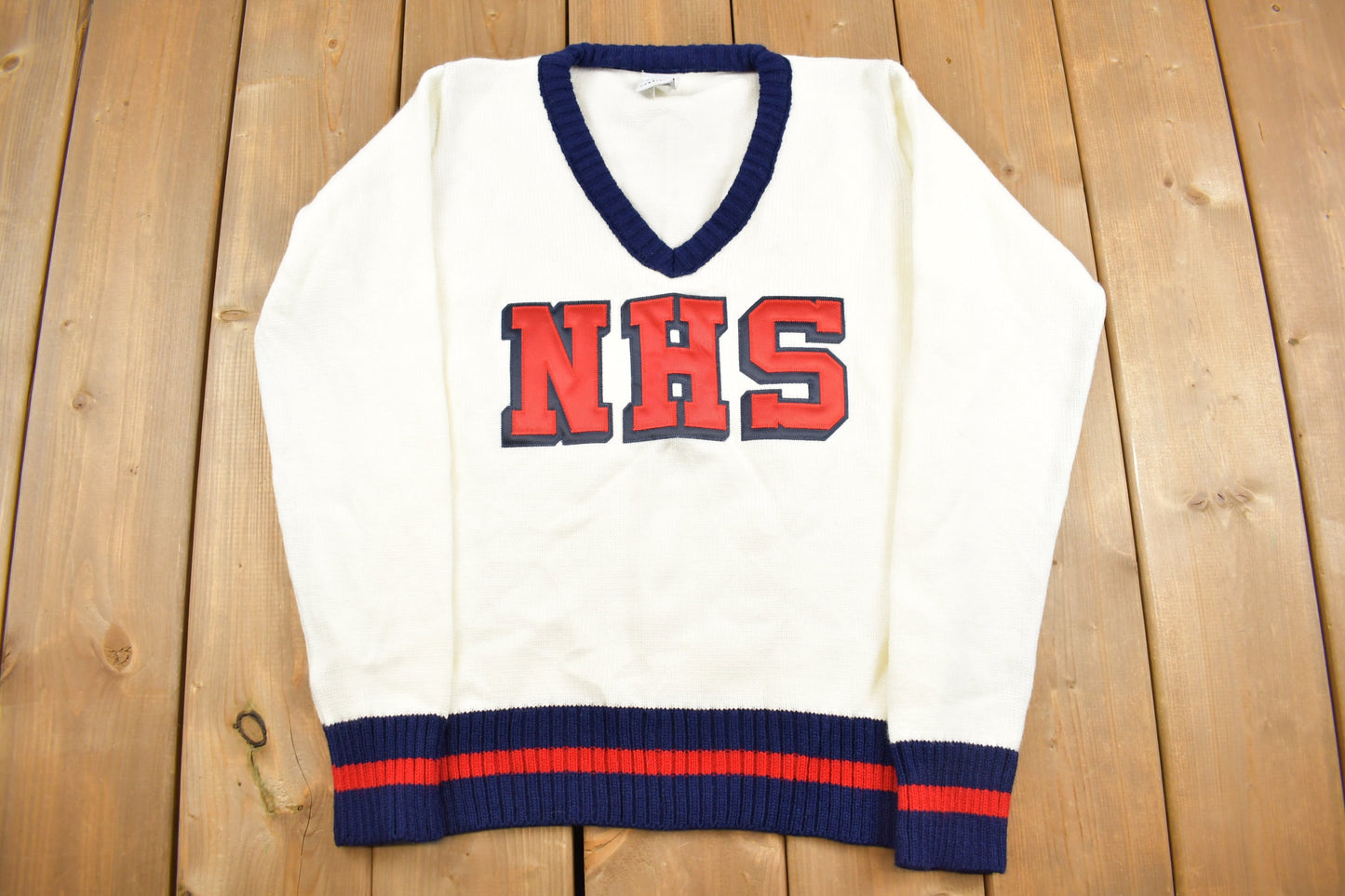 Vintage 1980s Varsity Sweater 'NHS' Knit V-Neck Sweater / Vintage 90s Crewneck / Made In USA / Collegiate Sweatshirt / Embroidered /