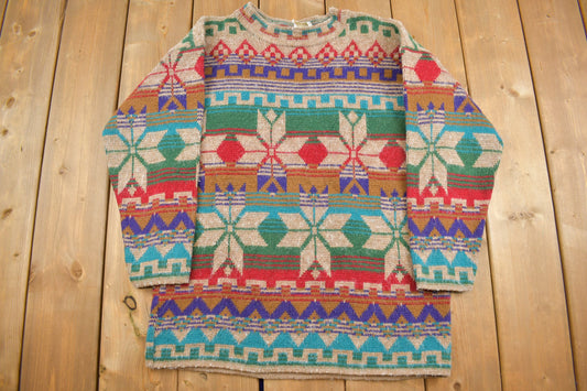 Vintage 1990s Abstract Snowflake Knit Mockneck Sweater / Vintage 90s Crewneck / All Over Pattern / Colorful Sweatshirt / Needles And Yarn /