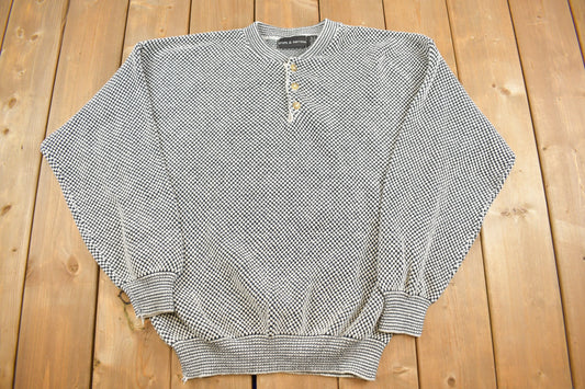 Vintage 1990s Knit Quarter Button Sweater / Vintage 90s Crewneck / All Over Pattern / Quarter Button Sweatshirt / Croft And Barrow