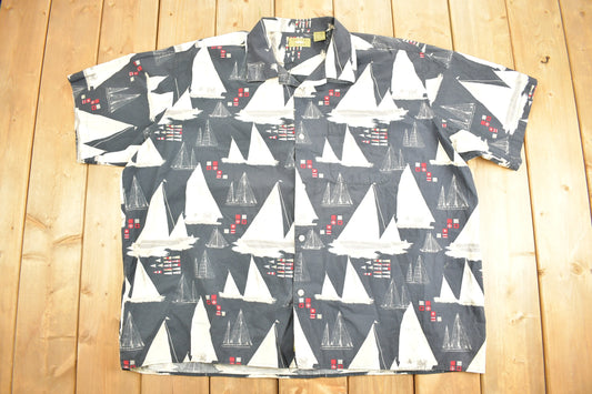 Vintage 1990s Natural Issue Short Sleeve Button Up Shirt / Boat Pattern / Casual Shirt / Formal Shirt / Summer Shirt / Boat Theme
