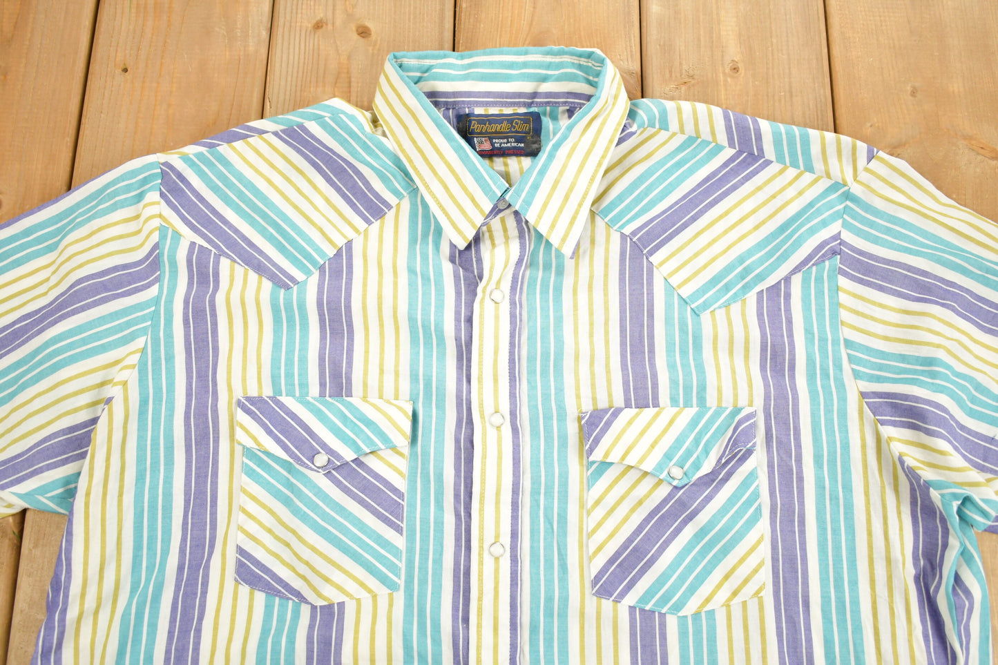 Vintage 1990s Panhandle Western Cut Short Sleeve Button Up Shirt / Made in USA / Pastels / Summer Shirt / Formal Shirt