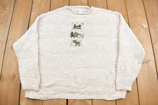 Vintage 1990s Woodland Embroidered Knit Crewneck Sweater / Vintage 90s Crewneck / Cute Embroidery / Made In USA / Croft And Barrow /