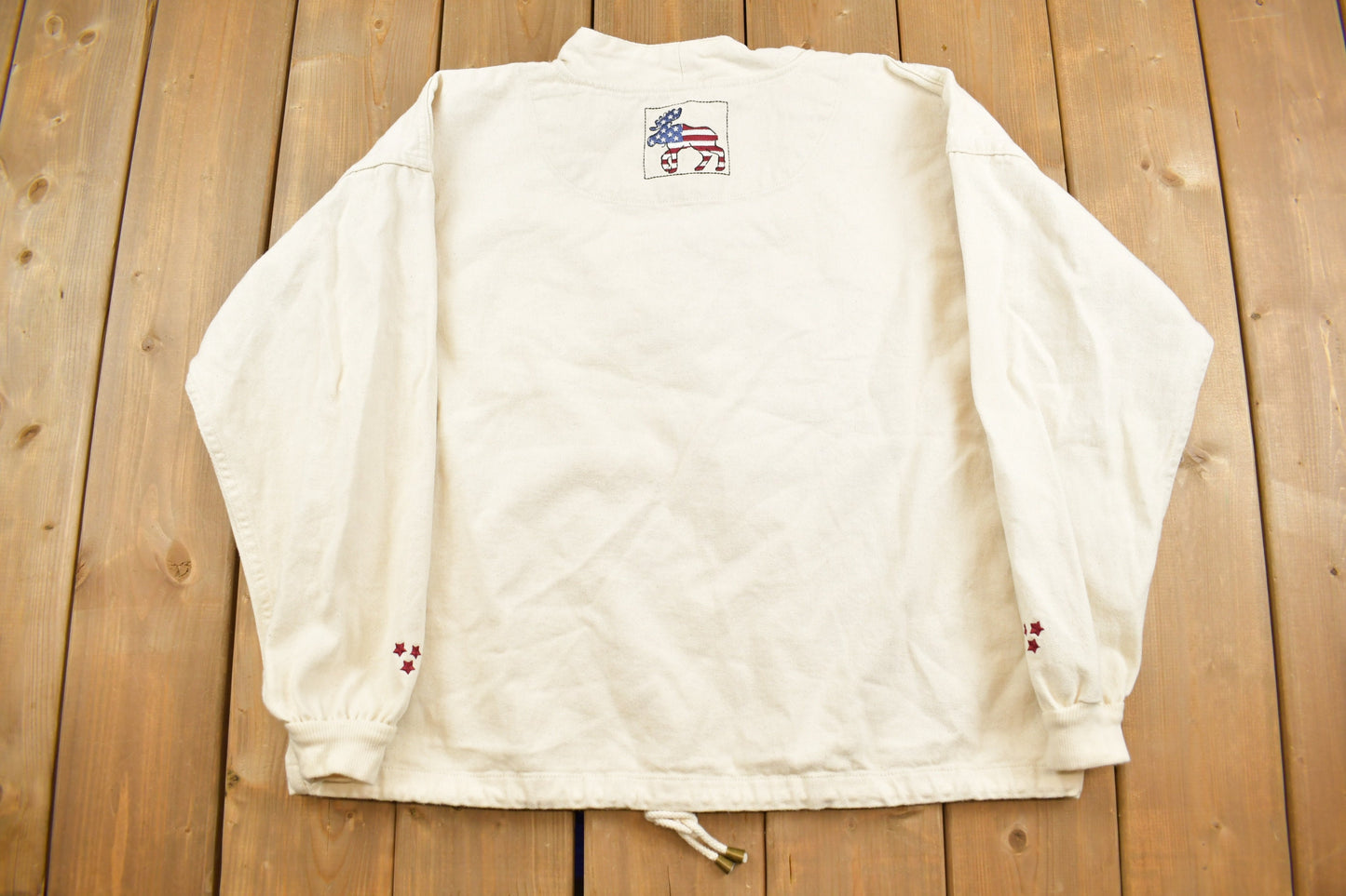 Vintage 1990s Embroidered USA Flag Moose Mockneck Drawstring Sweatshirt / 90s Mockneck / Streetwear / Embroidered / Christopher & Banks /