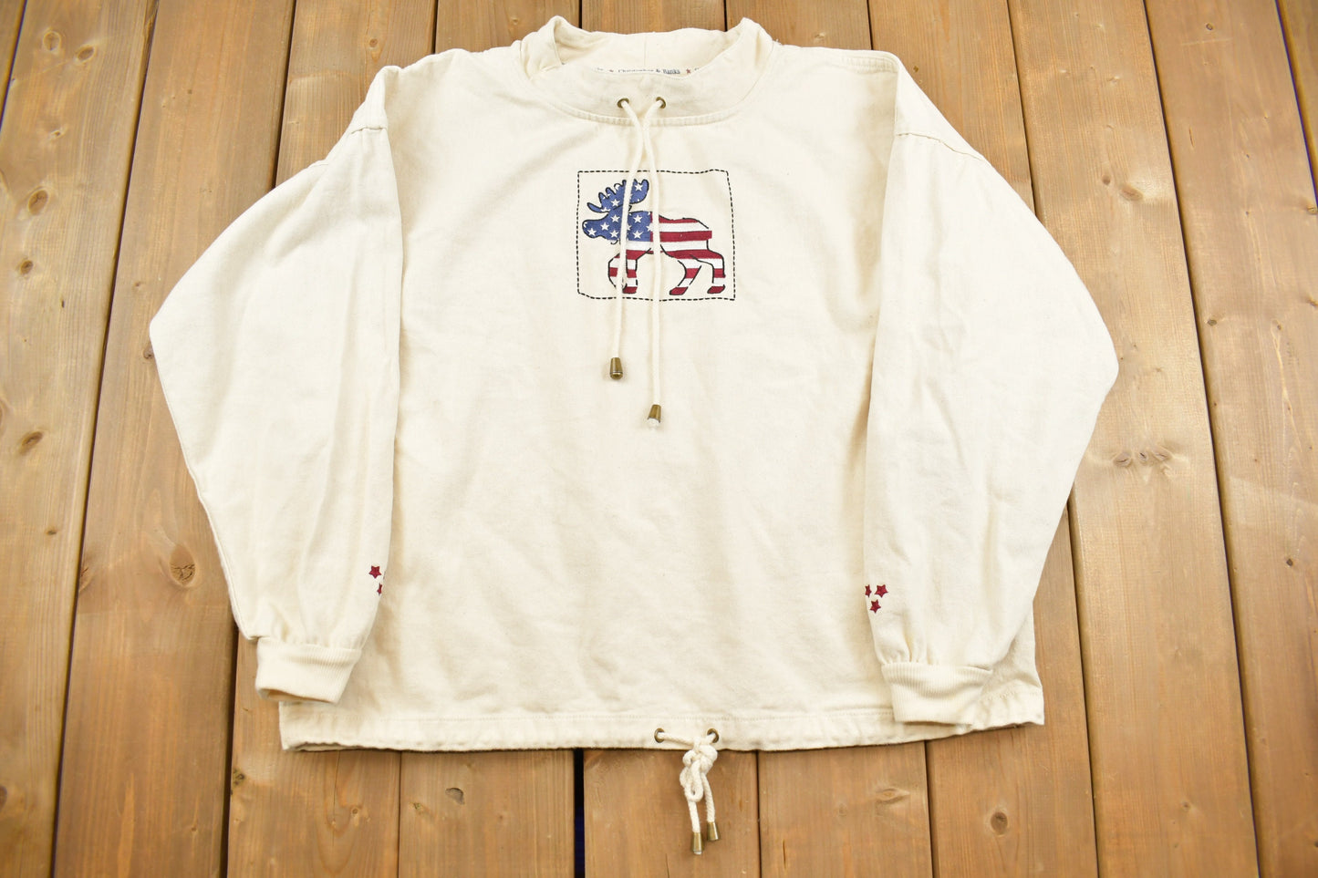 Vintage 1990s Embroidered USA Flag Moose Mockneck Drawstring Sweatshirt / 90s Mockneck / Streetwear / Embroidered / Christopher & Banks /