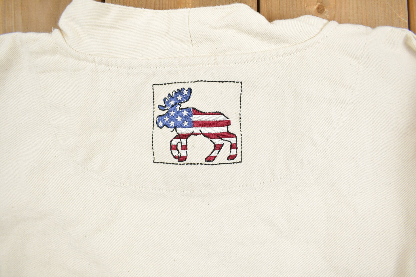 Vintage 1990s Embroidered USA Flag Moose Mockneck Drawstring Sweatshirt / 90s Mockneck / Streetwear / Embroidered / Christopher & Banks /