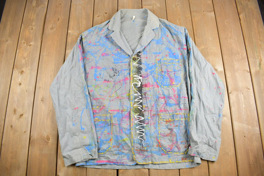 Vintage 1980s Paint Splatter Button Up Shirt / Made in USA / Work Shirt / Chore Coat / Abstract Pattern / Vintage Workwear