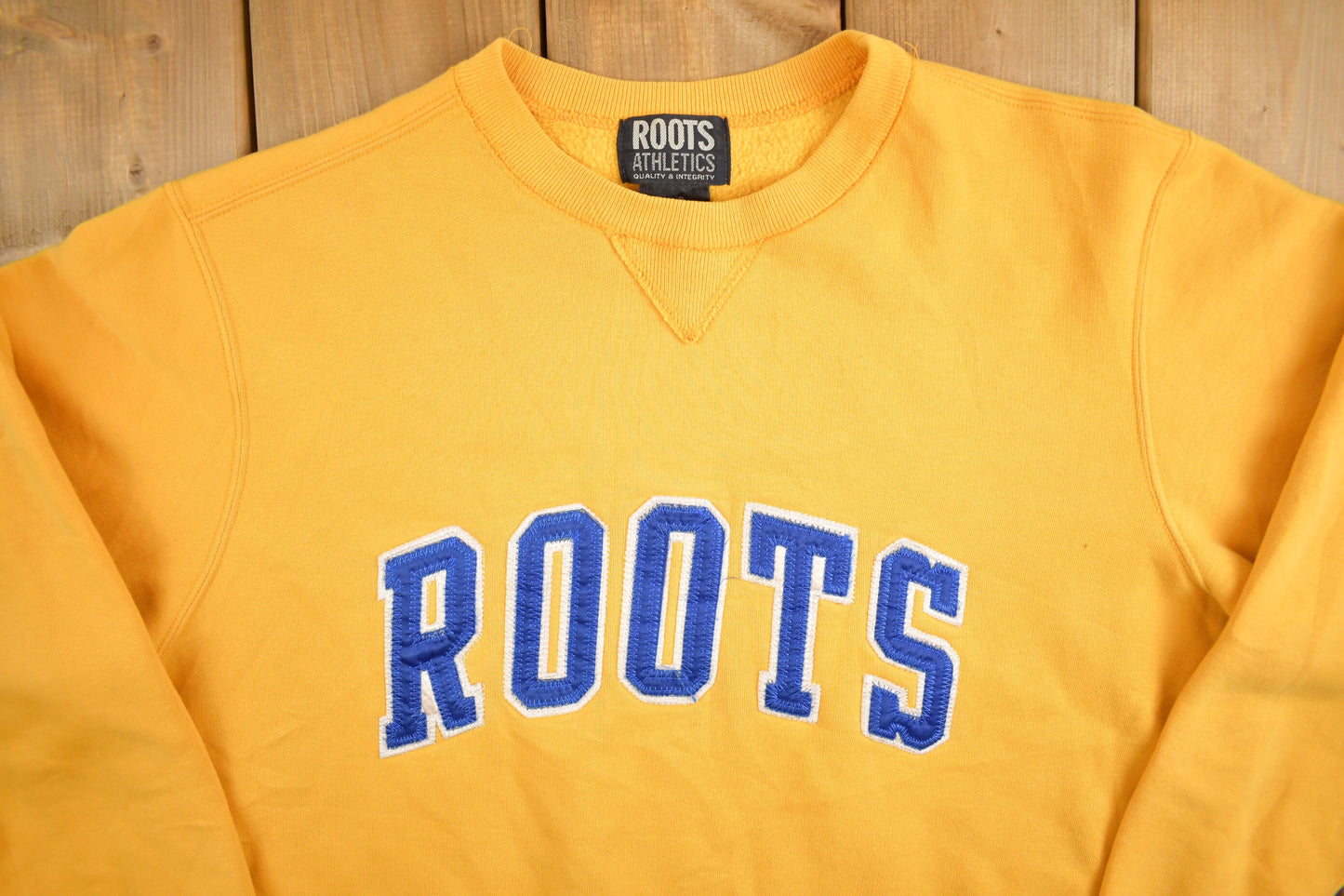 Vintage 1990s Roots Yellow Spellout Crewneck Sweatshirt / 90s Crewneck / Made In Canada / Streetwear / Embroidered