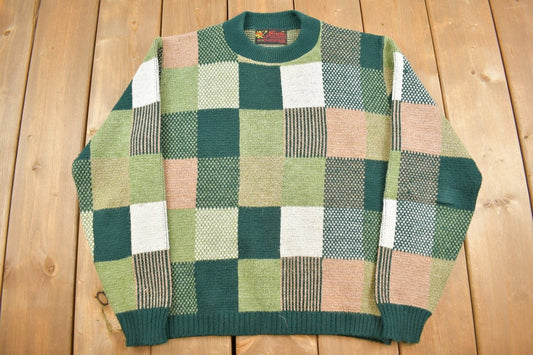 Vintage 1980s Green Patchwork Check Pattern Knit Crewneck Sweater / Vintage 80s Crewneck / All Over Pattern Sweatshirt / Abstract Pattern