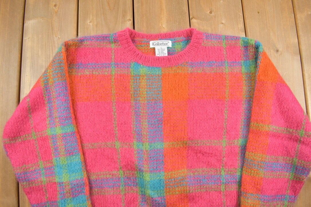 Vintage 1980s Rainbow Plaid Gallagher Knitted Mohair Sweater / Vintage 80s Crewneck / Pattern Sweater / Hand Knit / Pullover Sweatshirt