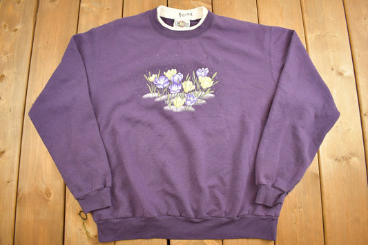 Vintage 1990s Purple Flowers Sweatshirt / 90s Sweatshirt / Vintage Sweatshirt / Outdoorsman / Wilderness Sweatshirt / Nature Graphic