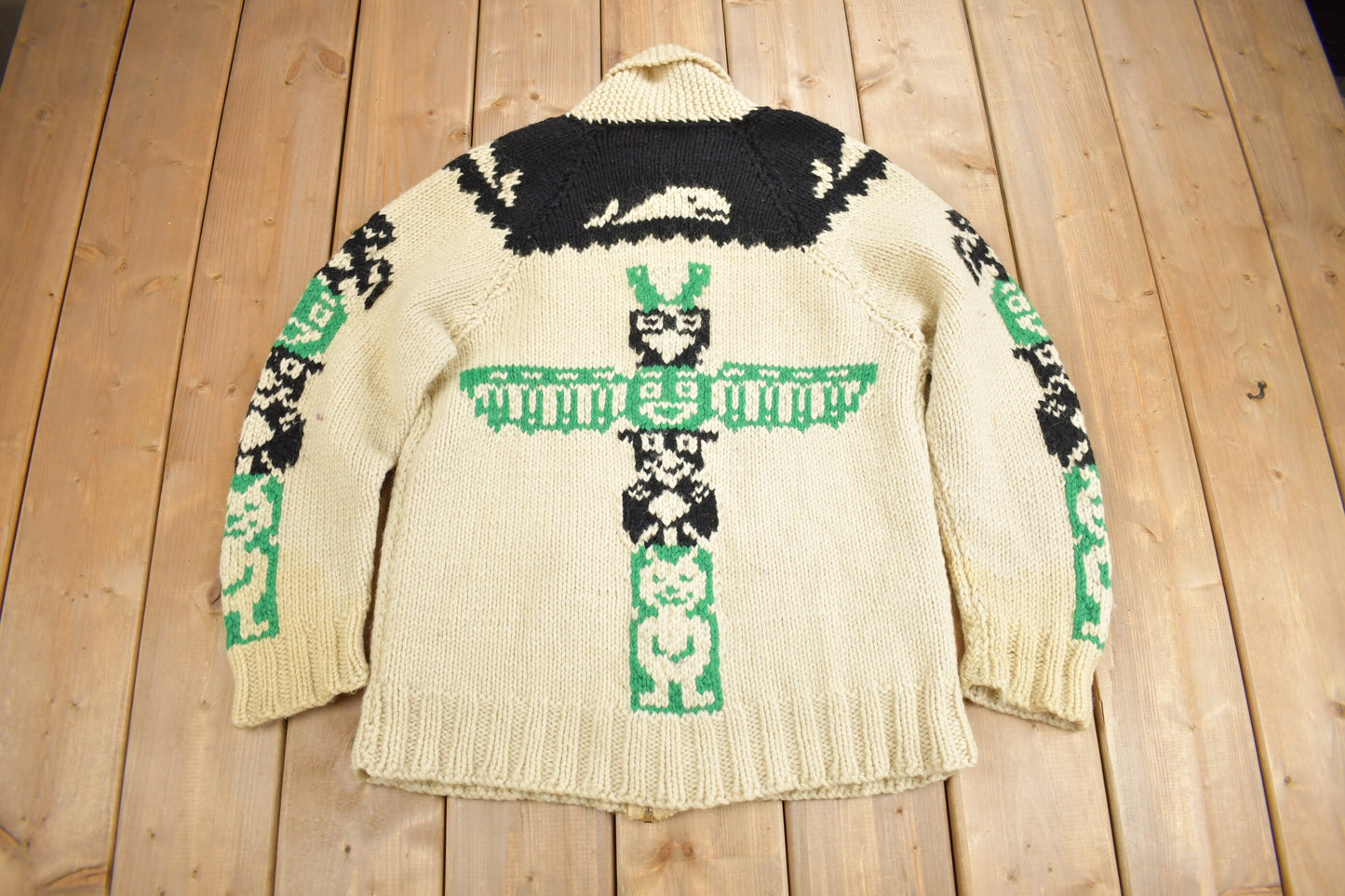 Vintage 1950s Hand-Knit Totem Pole Cowichan Sweater / Wool / True Vintage / Outdoorsman / Heavy Weight