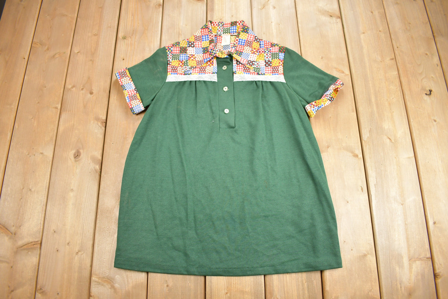 Vintage 1960s Patchwork Button Up Short Sleeve Polyester Shirt