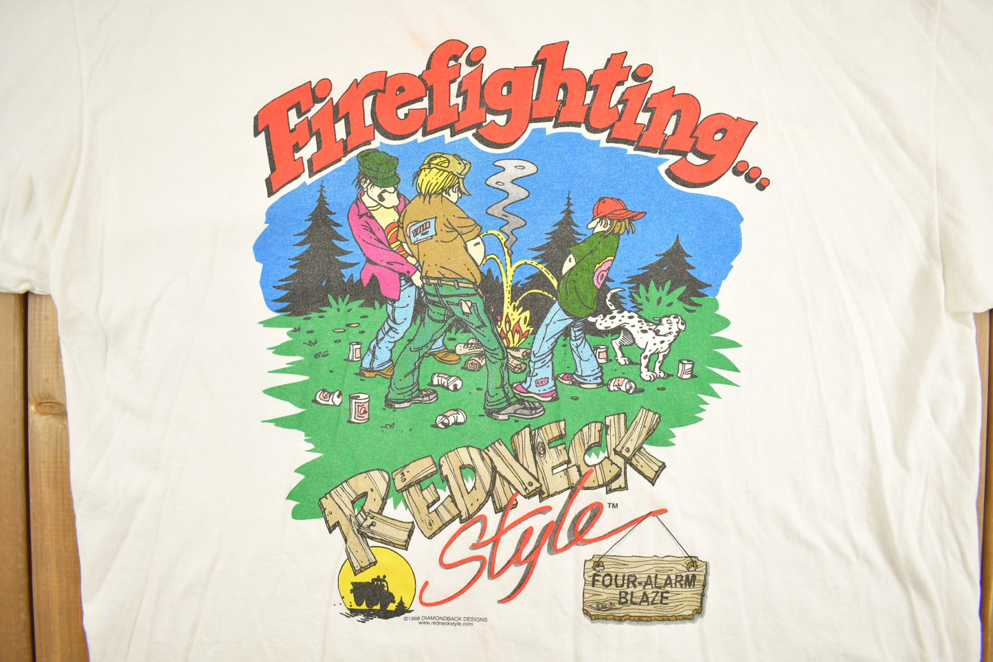 Vintage 1998 Redneck Firefighting Funny Graphic T-Shirt