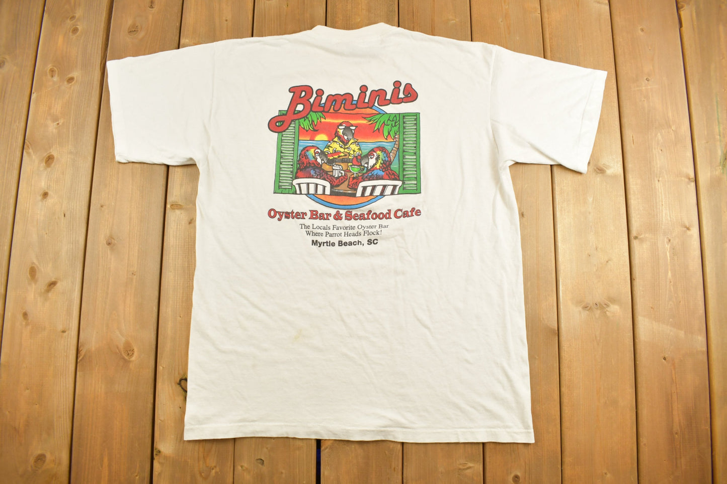 Vintage 1990s Biminis Oyster Bar Cafe Myrtle Beach Graphic T-Shirt / Streetwear / Single Stitch / Made In USA / 90s Graphic Tee / Travel Tee