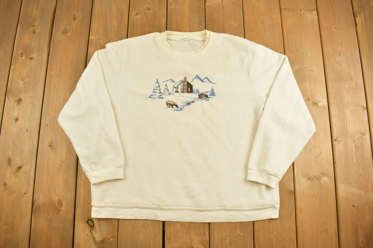 Vintage 1990s Wilderness Bears Cabin Embroidered Fleece / Nature Sweatshirt / Bear Print / Outdoor Pullover Sweatshirt / Streetwear