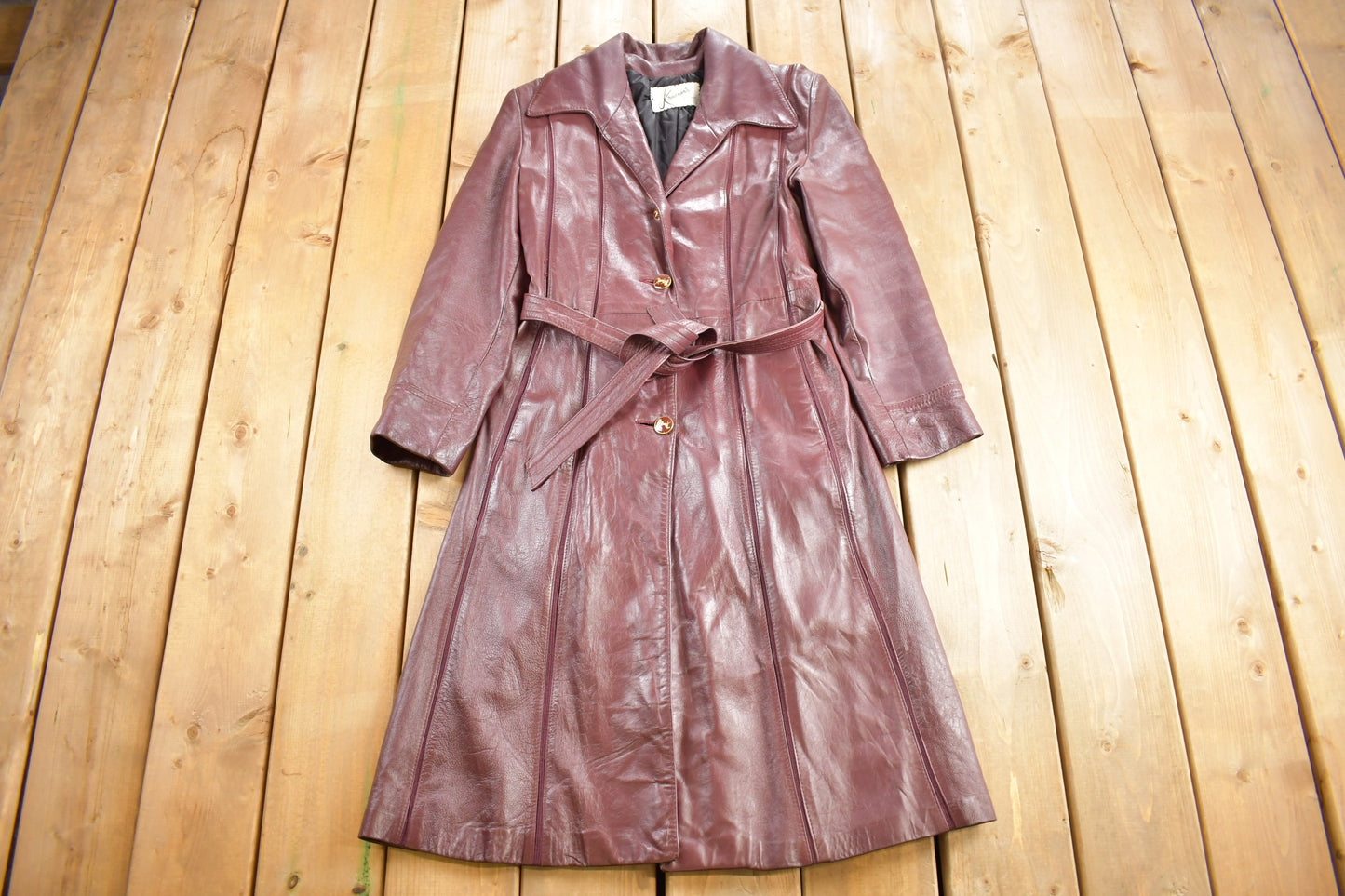 Vintage 1970s Genuine Red Leather Button Down Trench Coat / True Vintage / Womenswear / Size Small