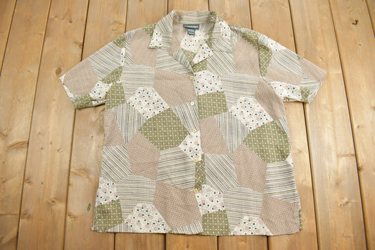 Vintage 1990s Notations Floral Patchwork Print Button Up Short Sleeve Shirt / Abstract Pattern / Casual Shirt / Party Shirt / Size Medium /