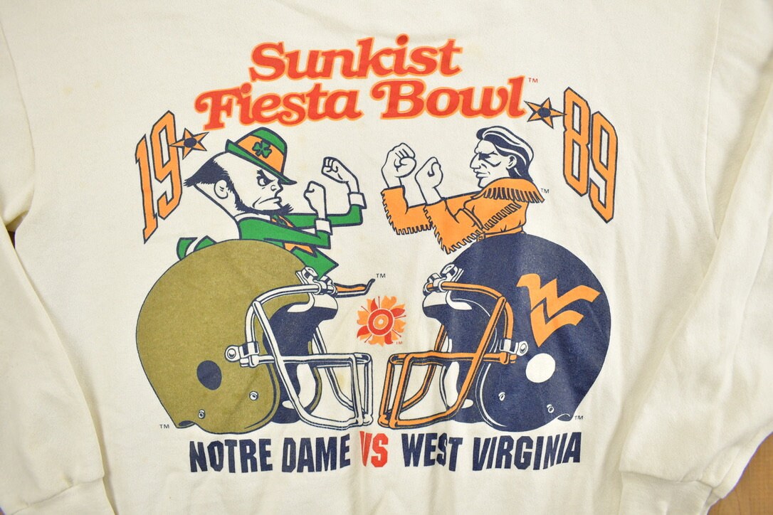 Vintage 1989 Sunkist Fiesta Bowl Notre Dame West Virginia Collegiate Crewneck / NCAA Sweatshirt / Sportswear / Americana / Football / Raglan