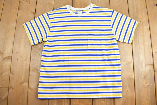 Vintage 1990s Horizontal Stripe Pocket T-Shirt / Streetwear / Retro Style / Single Stitch / Fire Islander T Shirt / 90s Graphic Tee / Size M