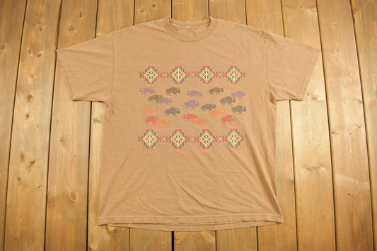 Vintage 1990s Buffalo Patterned Graphic T-Shirt / Streetwear / Retro Style / 90s Graphic Tee / Abstract Graphic