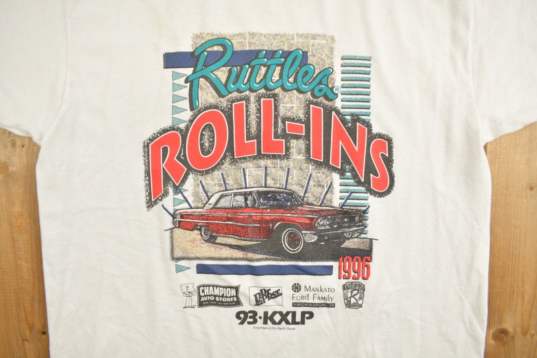 Vintage 1996 Ruttles Roll-Ins Car Graphic T-Shirt / Streetwear / Retro Style / Single Stitch / Made In USA / 90s Graphic Tee / Car Shirt