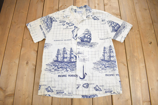 Vintage 1980s Kai Mani Hawaiian Sailing Map Theme Button Up Shirt / Beachwear / Casual Wear / Resort Wear / Made in Hawaii / All Over Print