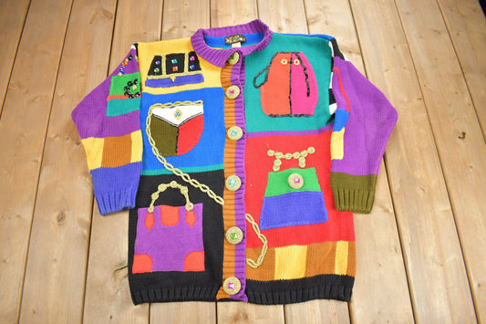 Vintage 1992 Lisa Nichols Embroidered Patchwork Knit Sweater / Vintage Cardigan / Button Up / Color Block / Women's