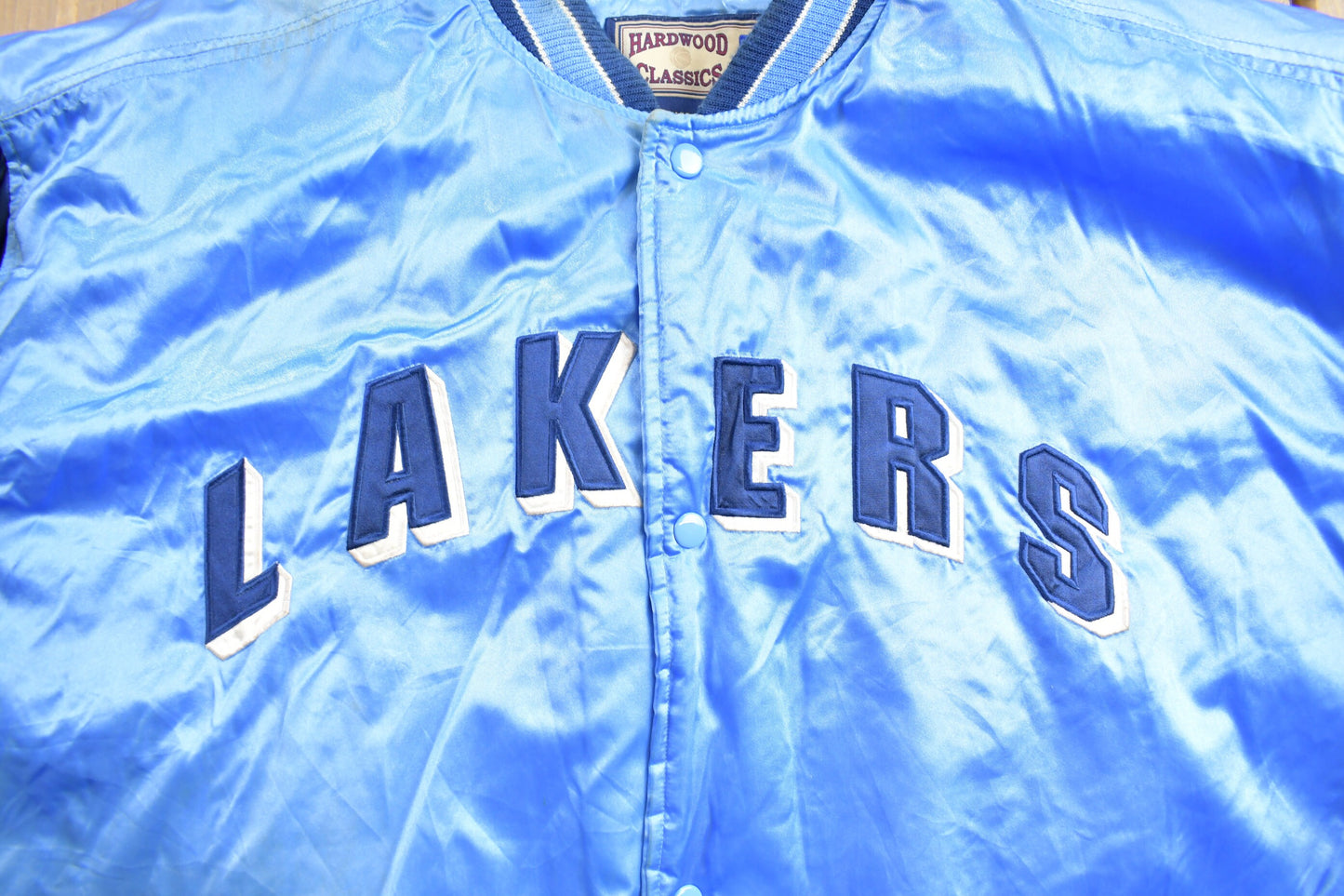 Vintage 1990s Blue Los Angles Lakers NBA Hardwood Classics G-III & Carl Banks Satin Bomber Jacket / Embroidered / Patchwork / Snap Button