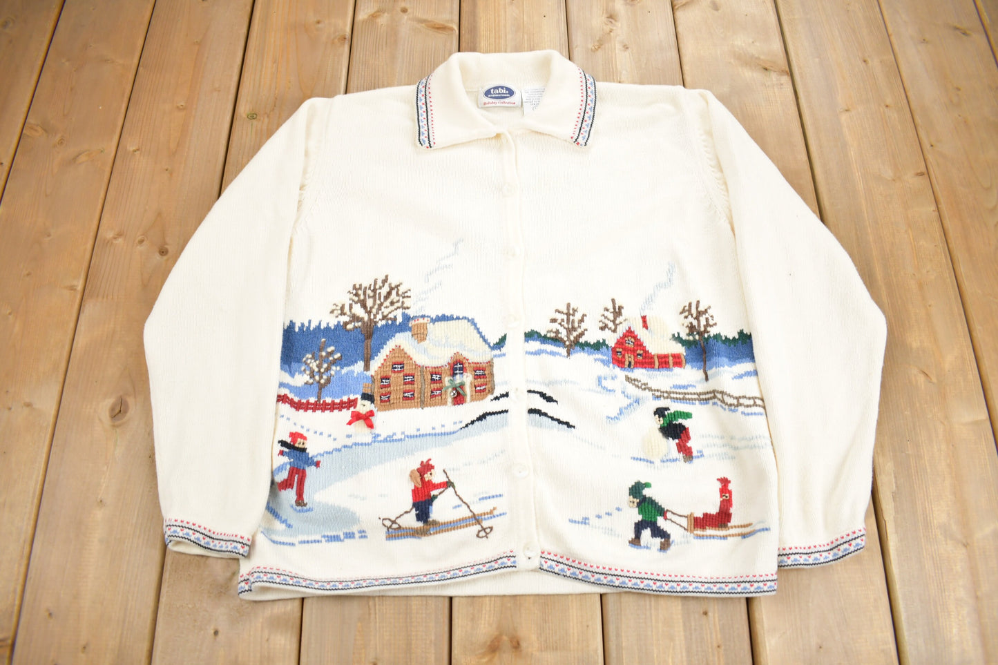 Vintage 1990s Tabi International Winter Theme Knit Sweater / Embroidered / Holiday Collection / Size Large Women's