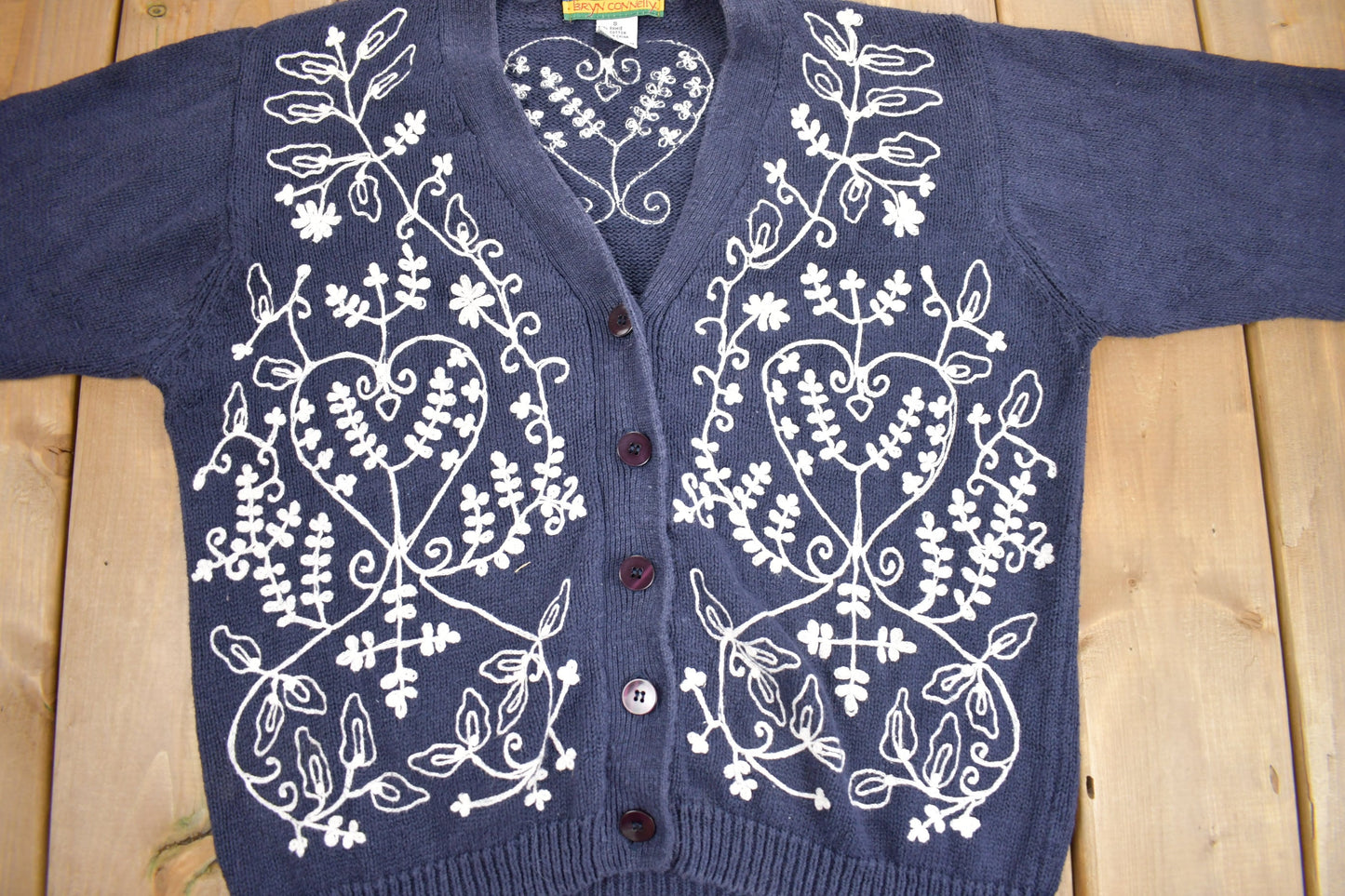 Vintage 1990s Bryn Connelly Embroidered Knit Cardigan Sweater / Vintage Cardigan / Button Up / Floral Sweater