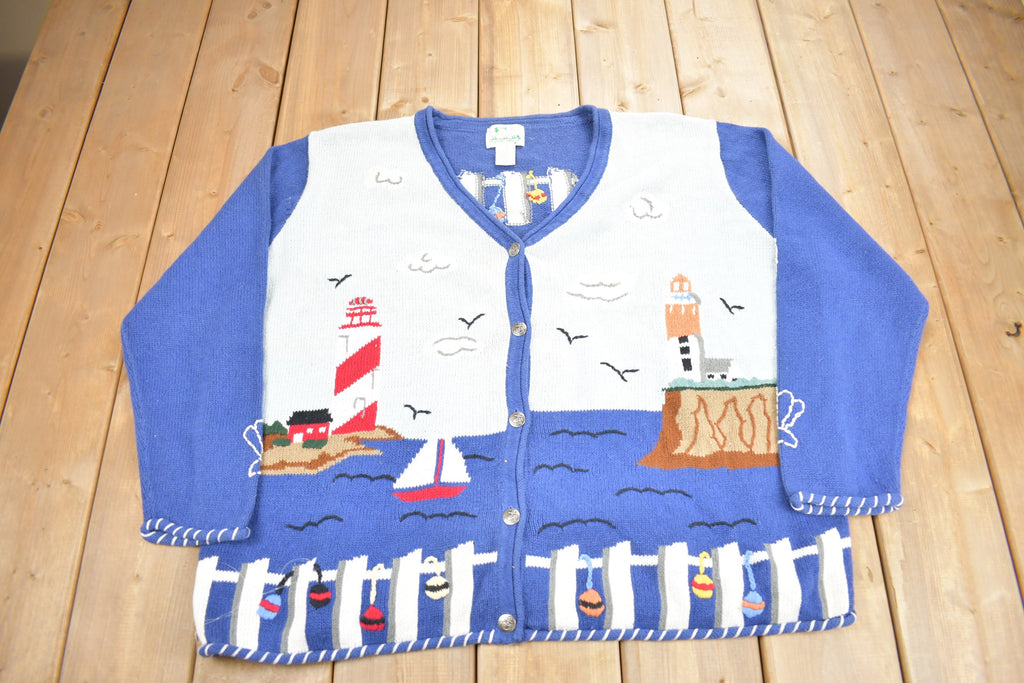 Vintage 1990s Lighthouse Theme Embroidered Knit Cardigan Sweater