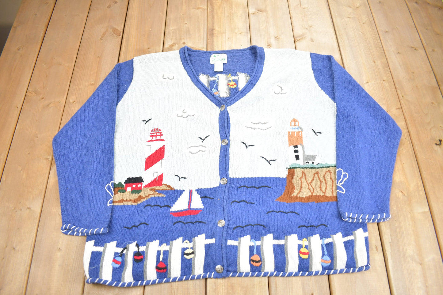 Vintage 1990s Lighthouse Theme Embroidered Knit Cardigan Sweater / Cute Sweater/ Patchwork / The Quacker Factory