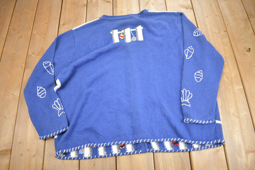 Vintage 1990s Lighthouse Theme Embroidered Knit Cardigan Sweater