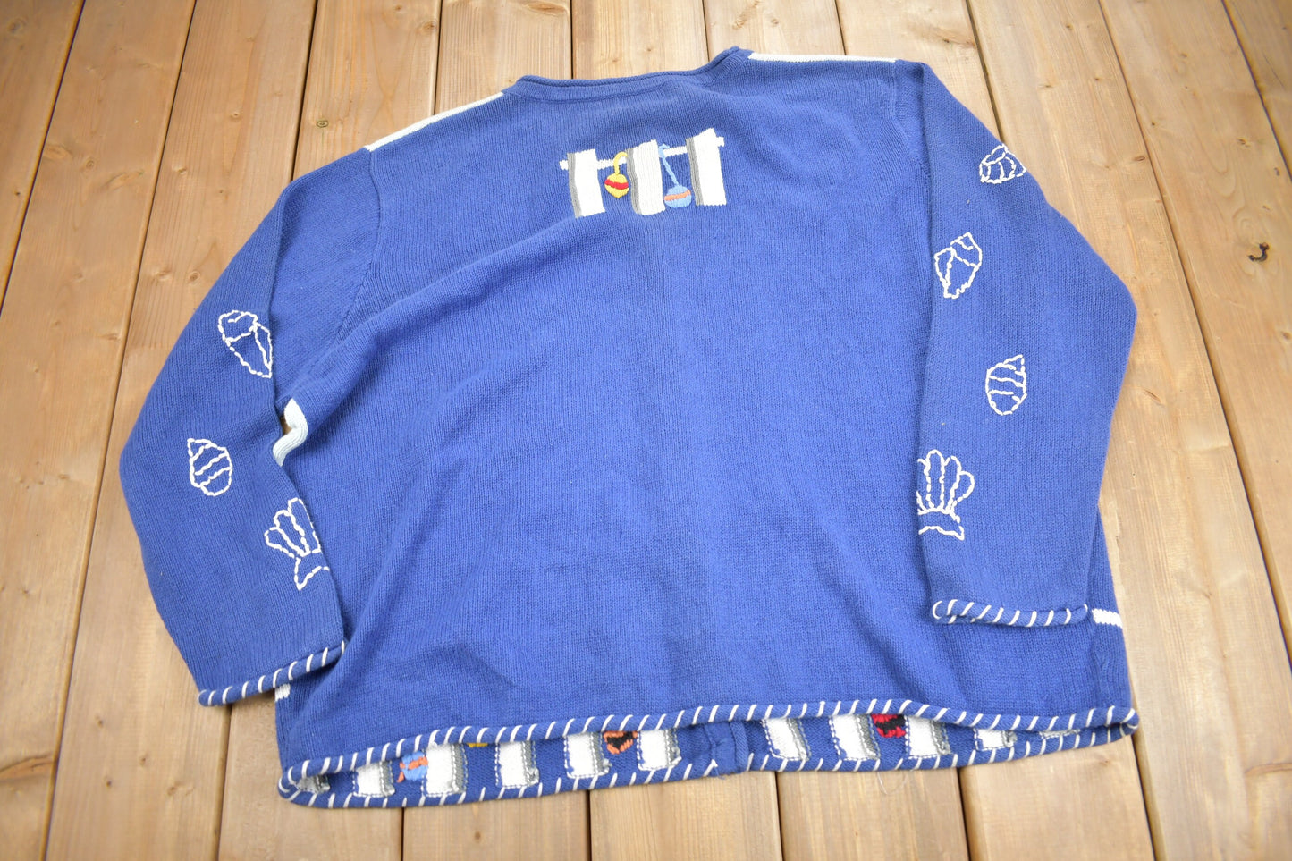 Vintage 1990s Lighthouse Theme Embroidered Knit Cardigan Sweater / Cute Sweater/ Patchwork / The Quacker Factory