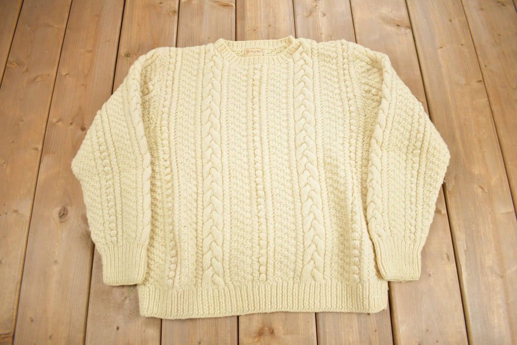 Vintage 1970s Hand Knit Cable Knit Crewneck Sweater