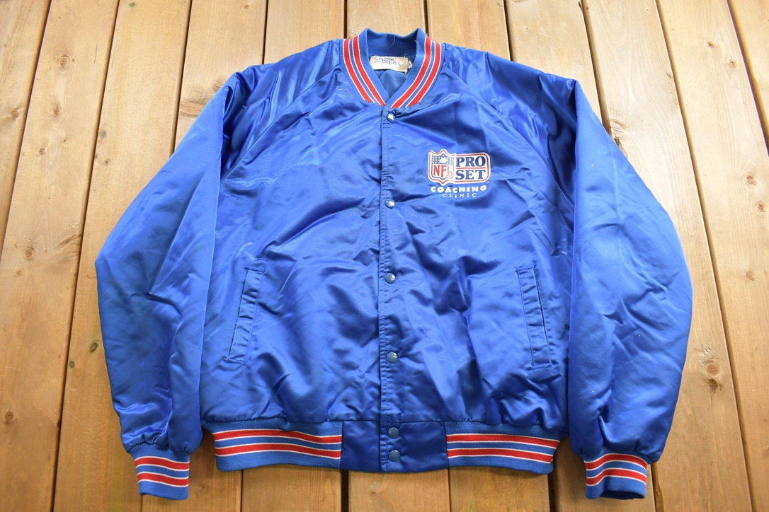 Vintage 1990s NLF Pro Set Coaching Clinic Chalk Line Satin Bomber Jacket / Athleisure / Athletic Sportswear / Streetwear / Made In USA /