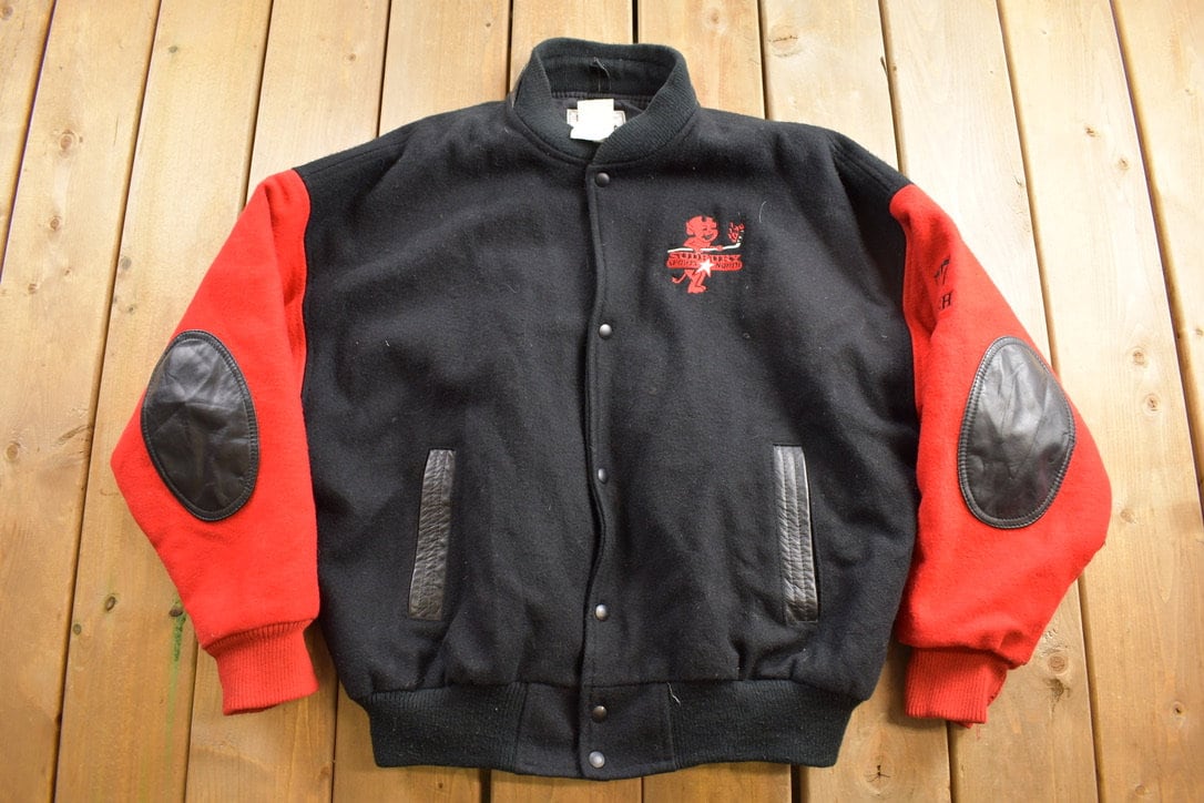 Vintage 1980s Devils Sudbury Sports North Varsity Jacket / 77 Fish / Patchwork / Streetwear / Made In Canada / Canada Sportswear Co. /