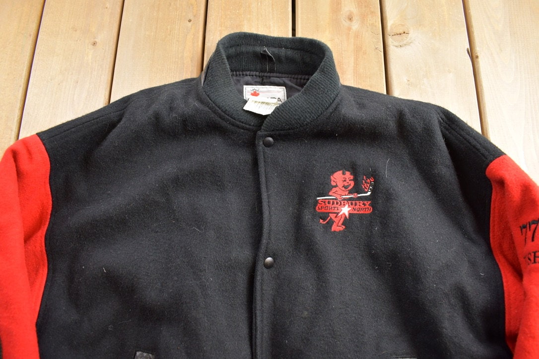 Vintage 1980s Devils Sudbury Sports North Varsity Jacket / 77 Fish / Patchwork / Streetwear / Made In Canada / Canada Sportswear Co. /