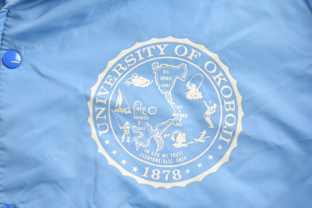 Vintage 1970s University Of Okoboji Satin Bomber Jacket Streetwear Souvenir Jacket