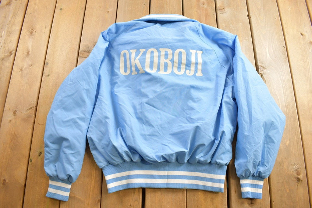 Vintage 1970s University Of Okoboji Satin Bomber Jacket Streetwear Souvenir Jacket