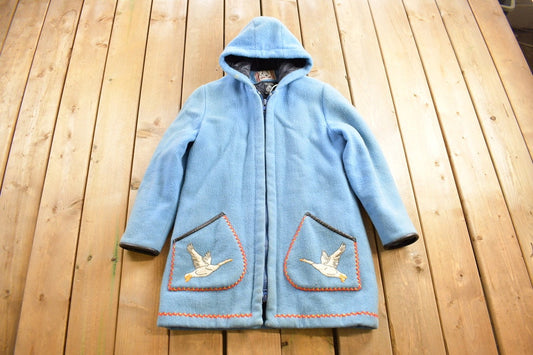 Vintage 1970s Goose Theme Embroidered James Bay Long Jacket / Fur Collar / Winter Duffle Coat / Made In Canada / Pure Virgin Wool