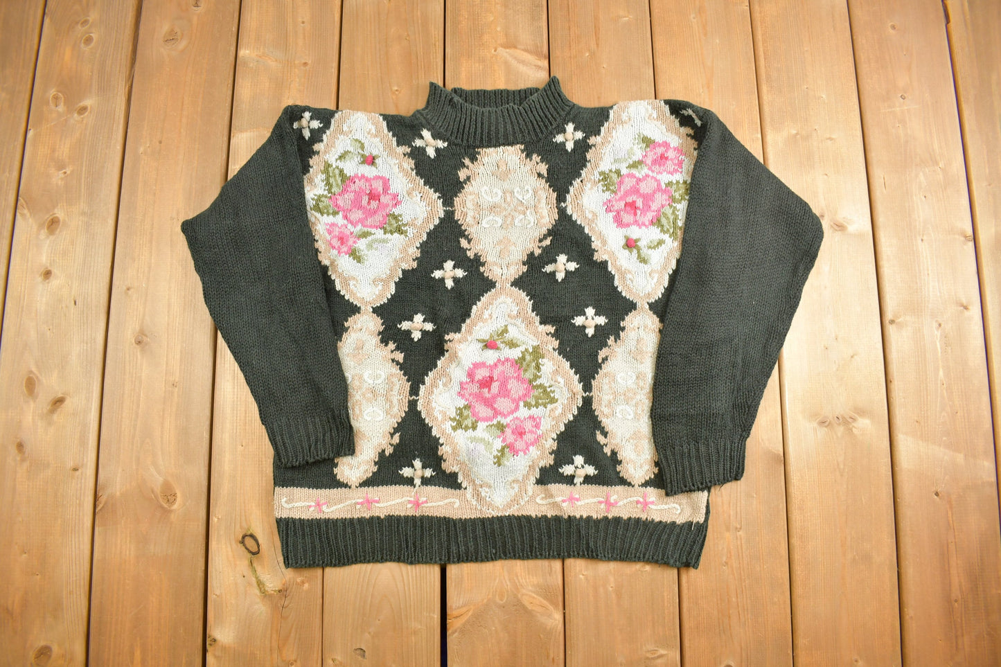 Vintage Beldoch Popper Knitted Floral Mock Neck Sweater / Vintage 90s Crewneck / Floral Pattern Sweater / Pullover Sweatshirt