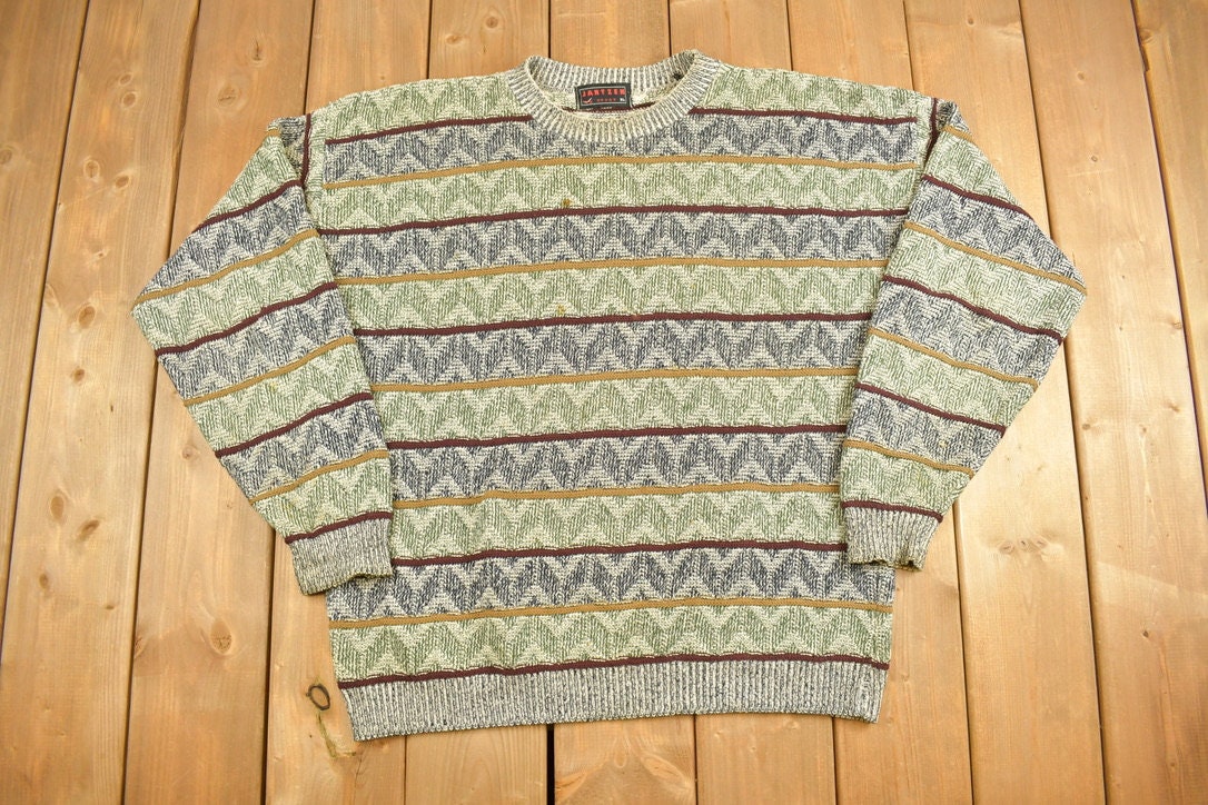 Vintage 1990 Jantzen Knit Abstract Sweater / Vintage 90s Crewneck / Casual Winter Wear / Pullover Sweatshirt / Knit / Striped Sweatshirt