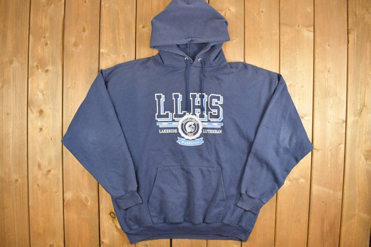 Vintage 1990s Lakeside Lutheran Collegiate Crewneck Hoodie / Graphic Print / Navy Sweatshirt / Sportswear / Americana / Champion